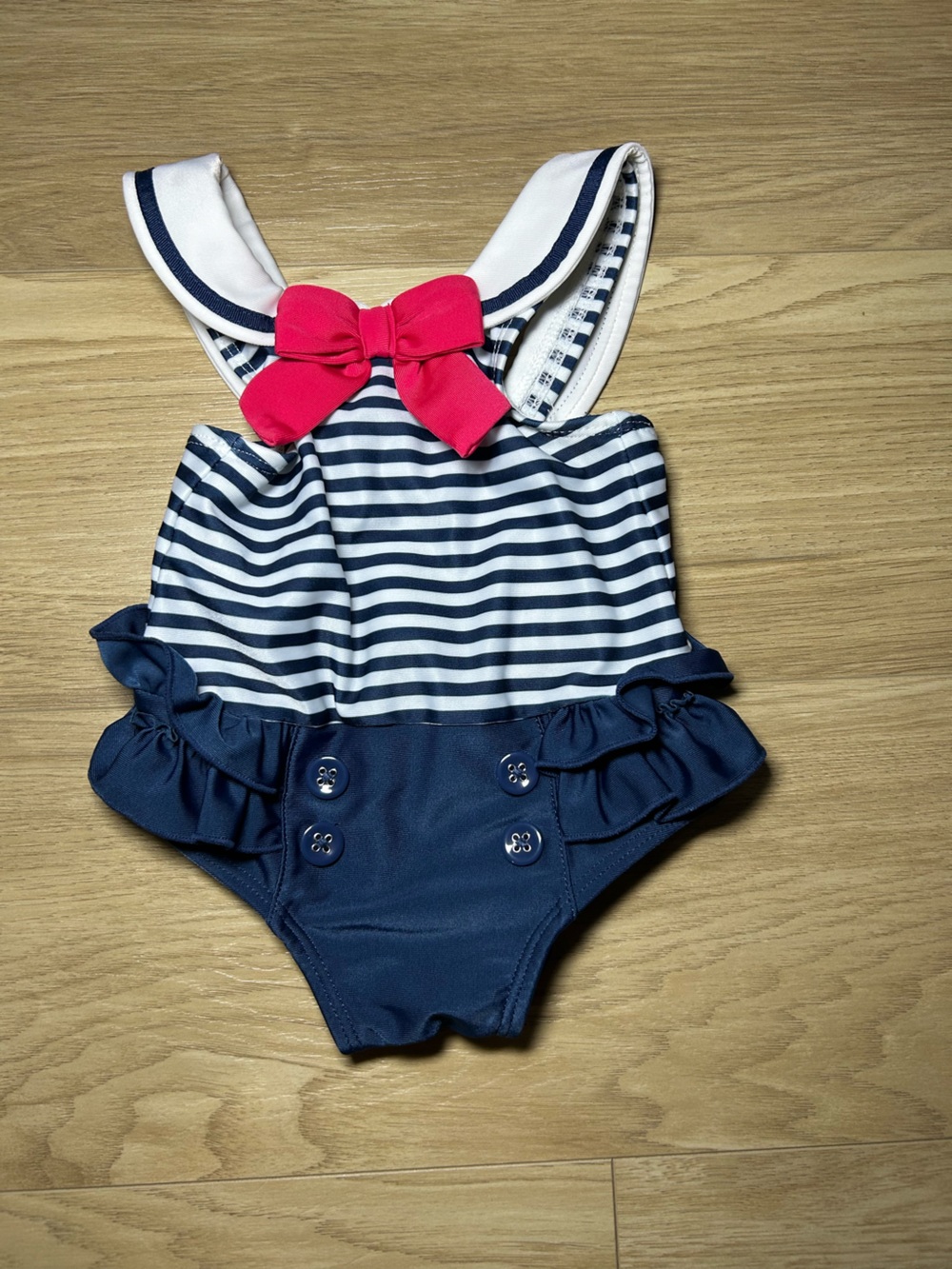 Gymboree Navy White Striped One-Piece Swimsuit with Pink Bow